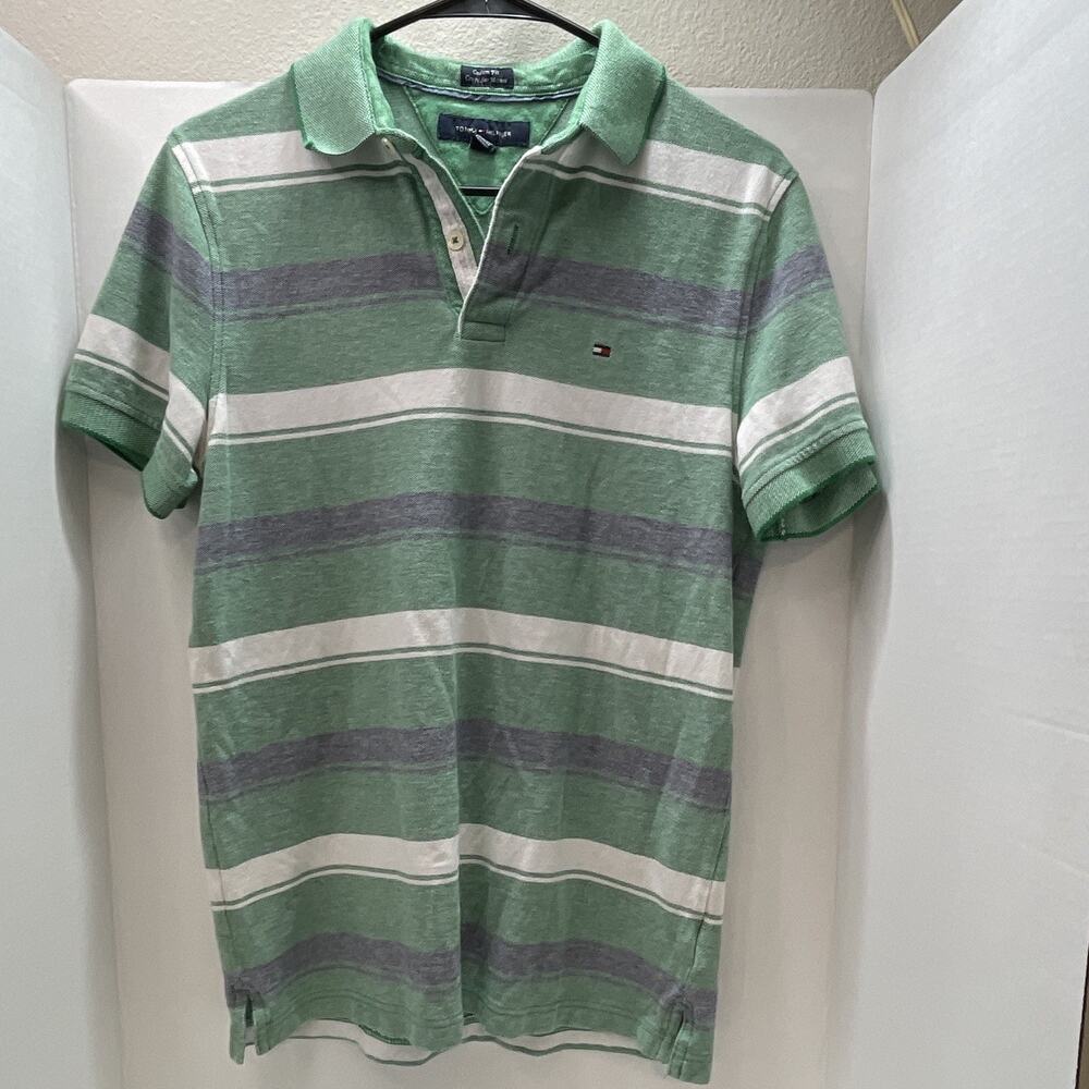 Men’s Polo By Tommy Hilfiger Vintage Pinstripe, Green And White Size Medium